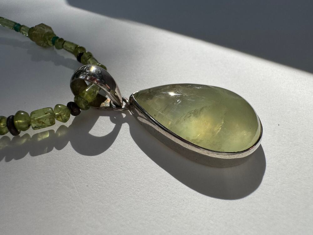 Natural Prehnite Teardrop Sterling 925 Silver Gemstone Beaded Necklace 19.5 inch